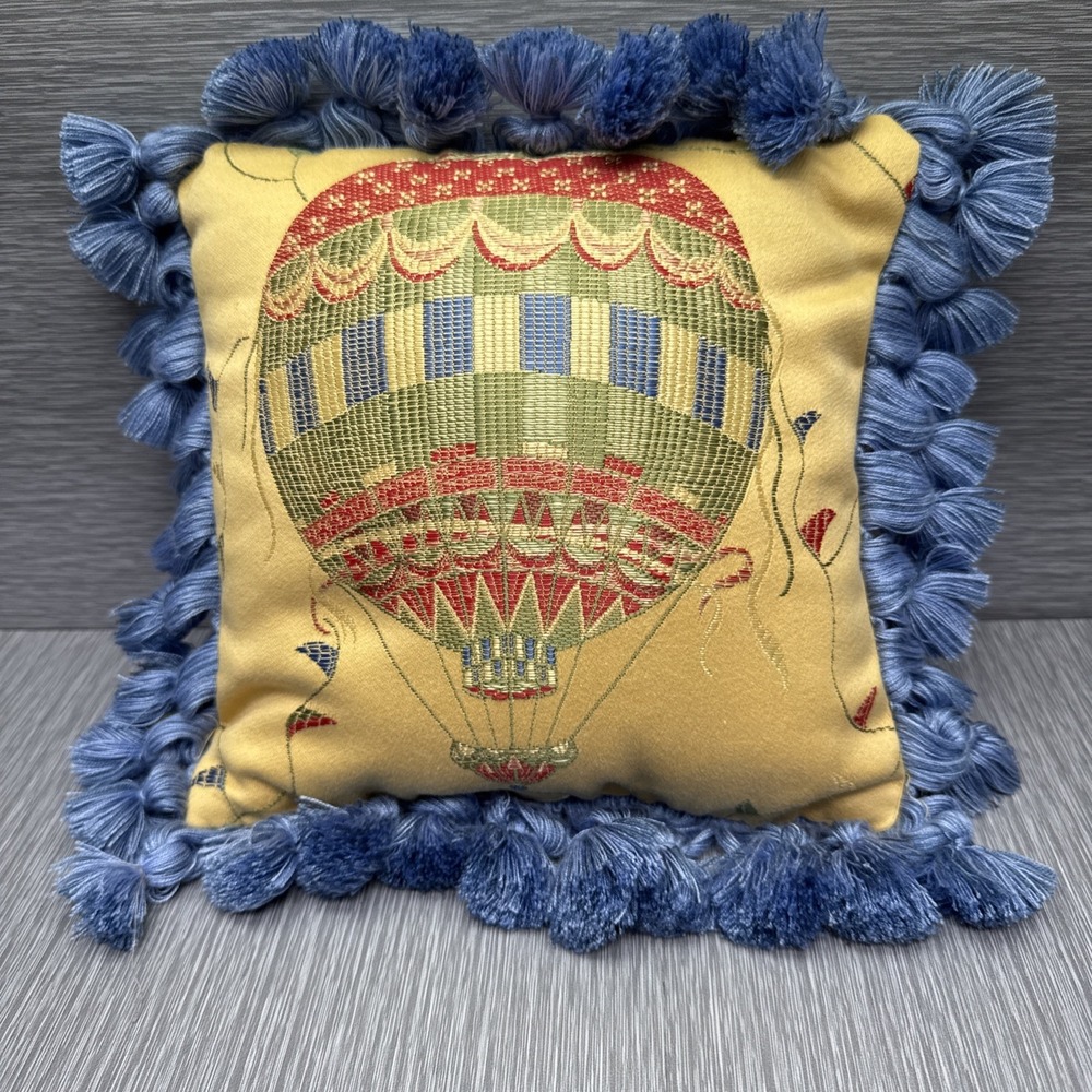 Embroidered Decorative Throw Pillow Whimsical Hot‎ Air Balloon Tassel Fringe